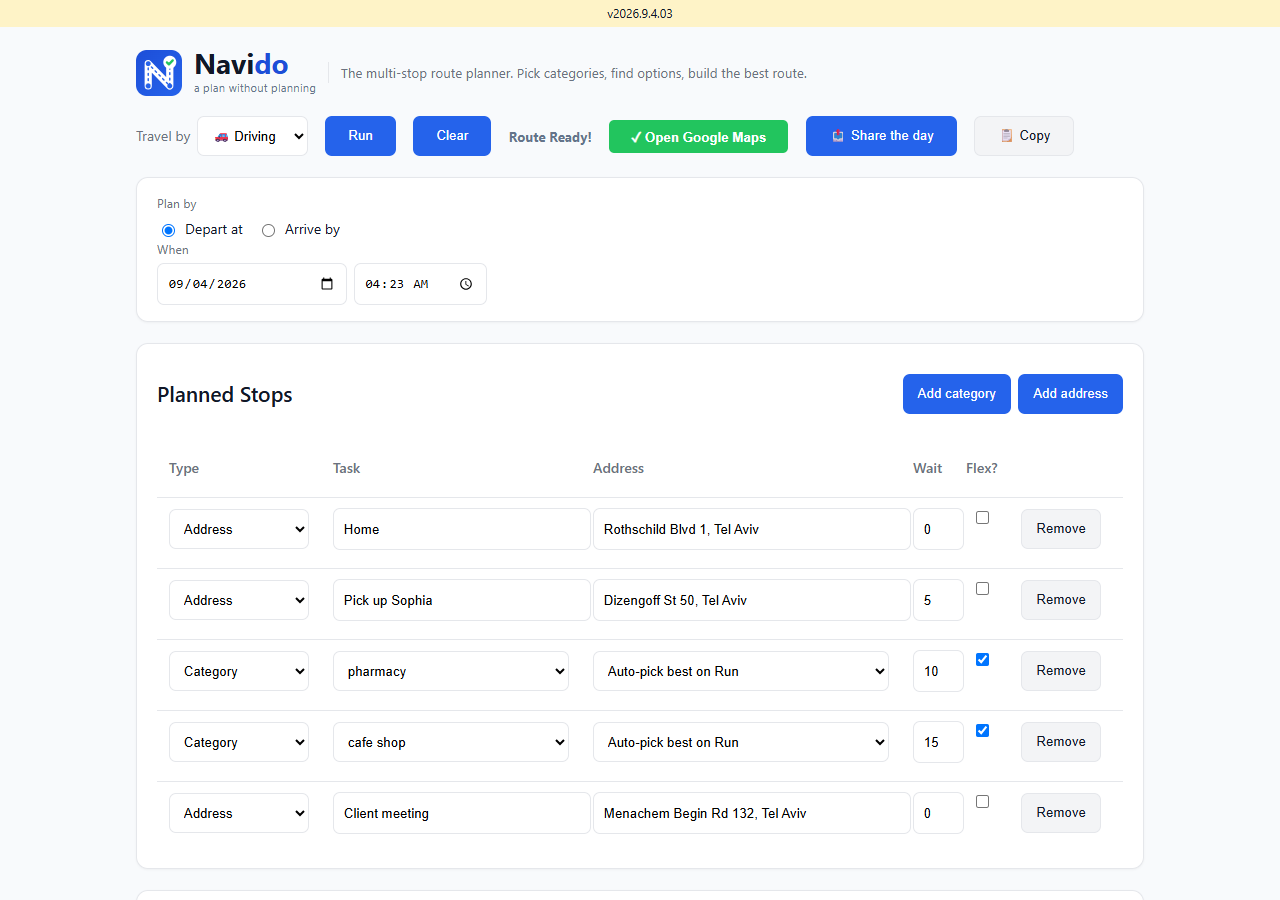 Navido with five planned stops, two of them categories, and the finished route with a time at every stop