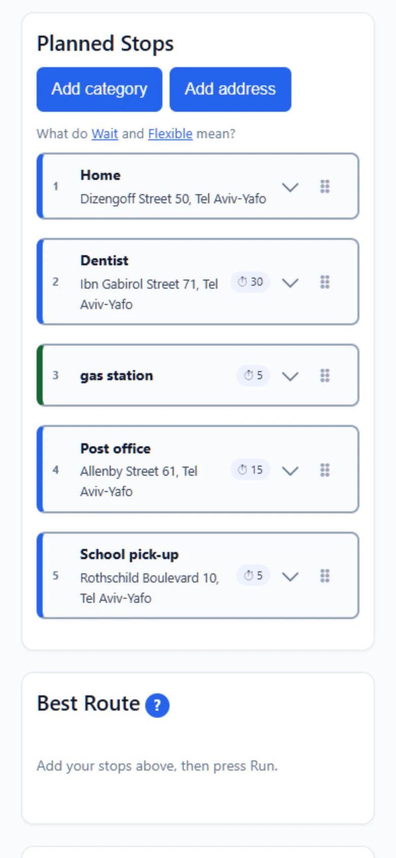 The same stops on a phone, one card per stop